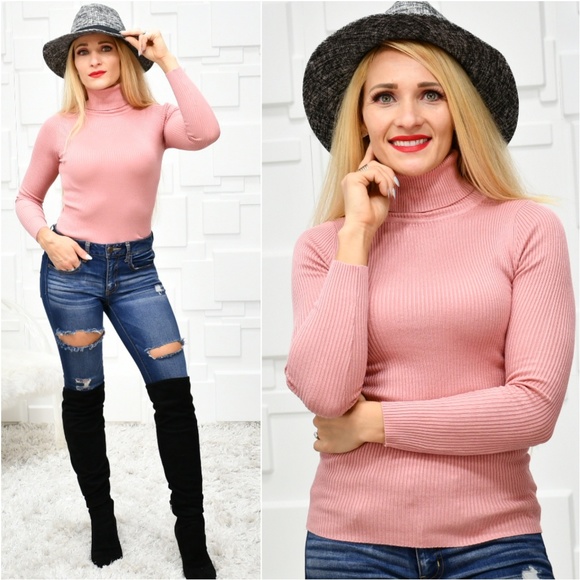 MODA ME COUTURE Tops - HANNAH -Blush Ribbed Turtleneck